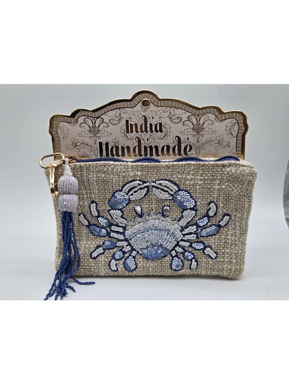 NWT Handmade India Beaded Crab Clutch Pouch Blue White Coastal Beach Zip Bag